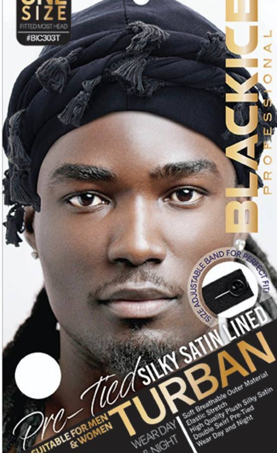 Black Ice Professional Pre-Tied Silky Satin Lined Turban with Tassels