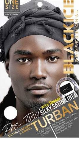Black Ice Professional Pre-Tied Silky Satin Lined Turban with Tassels