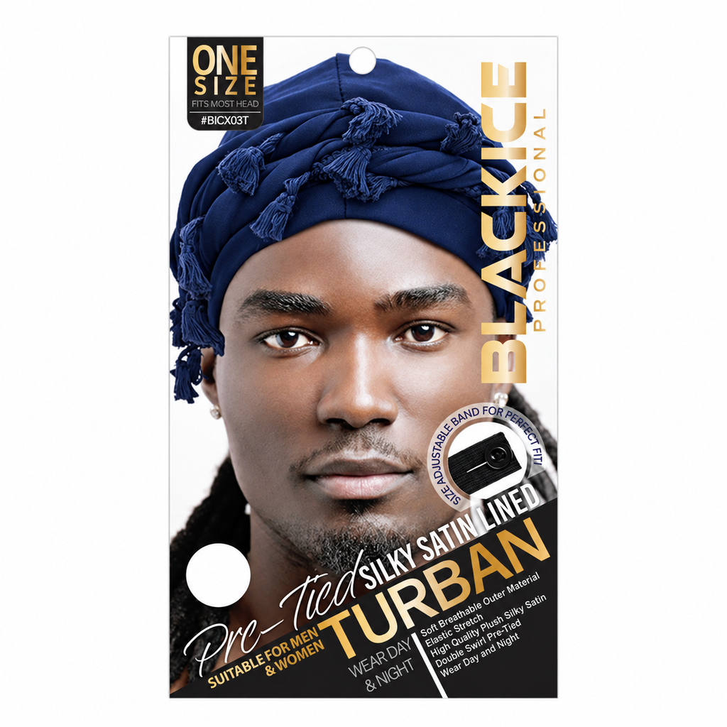 Black Ice Professional Pre-Tied Silky Satin Lined Turban with Tassels
